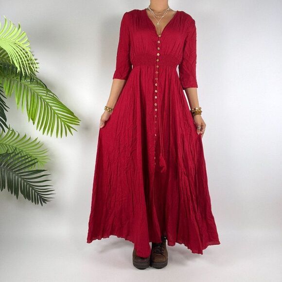 Women's Red Cottagecore Short Sleeve Boho Country Prairie Maxi Dress / XS - Picture 4 of 5